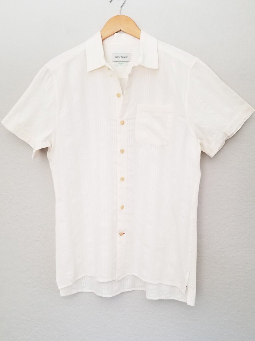 Oliver‎ Spencer Men's 100% Organic Cotton Textured Camp Shirt Short Sleeve Cream